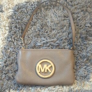 Michael Kors Taupe And Gold Wristlet Hand Bag